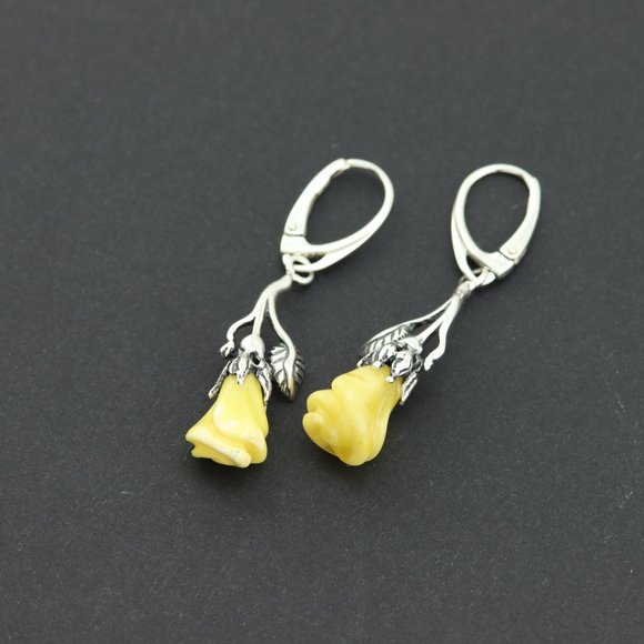 Sterling silver earrings with natural Baltic amber, amber rose drop earrings - Picture 10 of 14